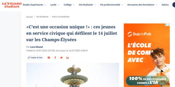 Figaro étudiant sur des volontaires en Service Civique défilant le 14 juillet 2025
