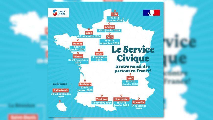 Carte de France avec les différents Salon de l'Etudiant où l'on peut retrouver l'Agende du service civique